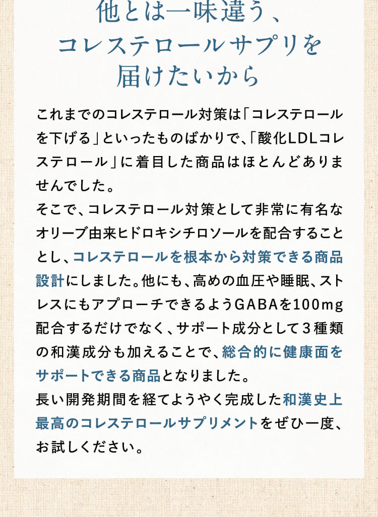 他とは一味違う、コレステロールサプリを届けたいから