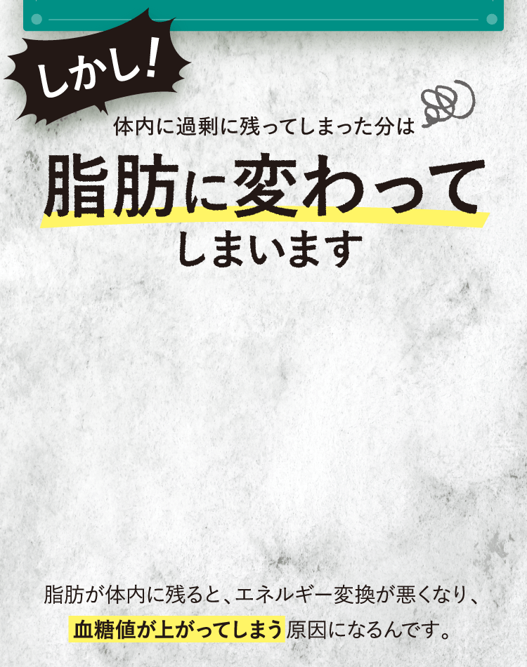 体内に過剰に残ってしまった分は脂肪に変わってしまいます