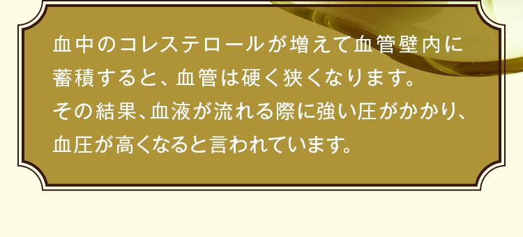 血中のコレステロールが増えて血管壁内に蓄積すると、血管は硬く狭くなります。