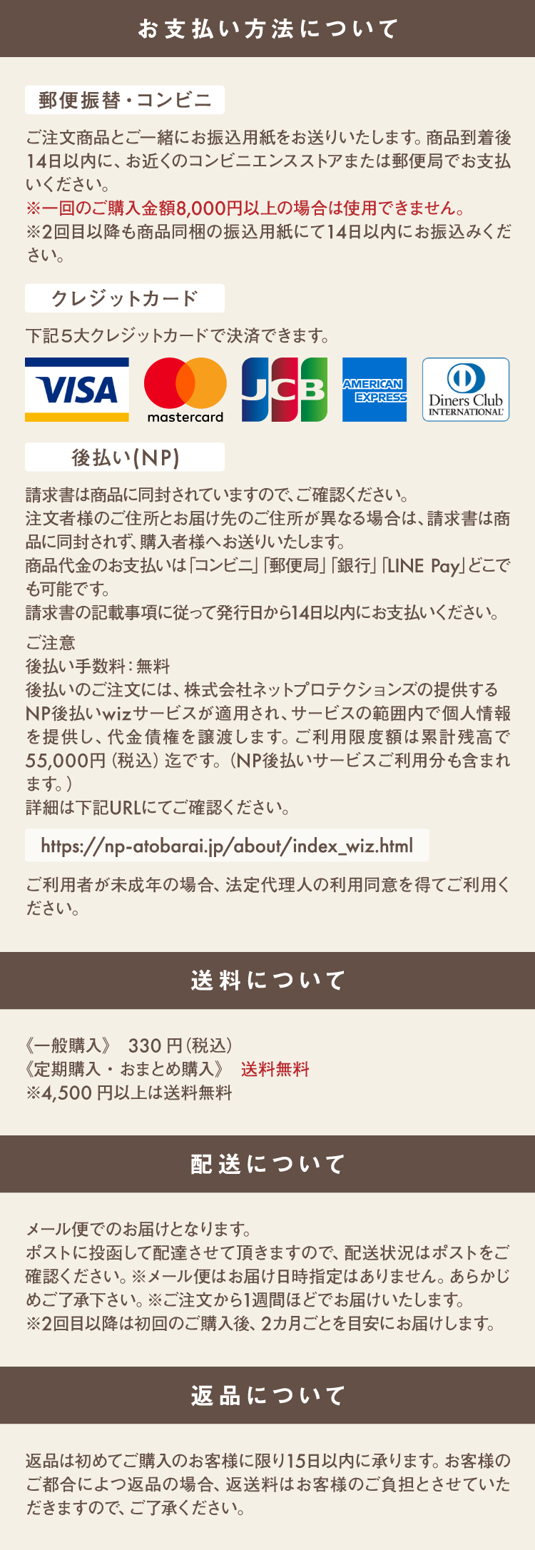 お支払い方法について 送料について 配送について 返品について